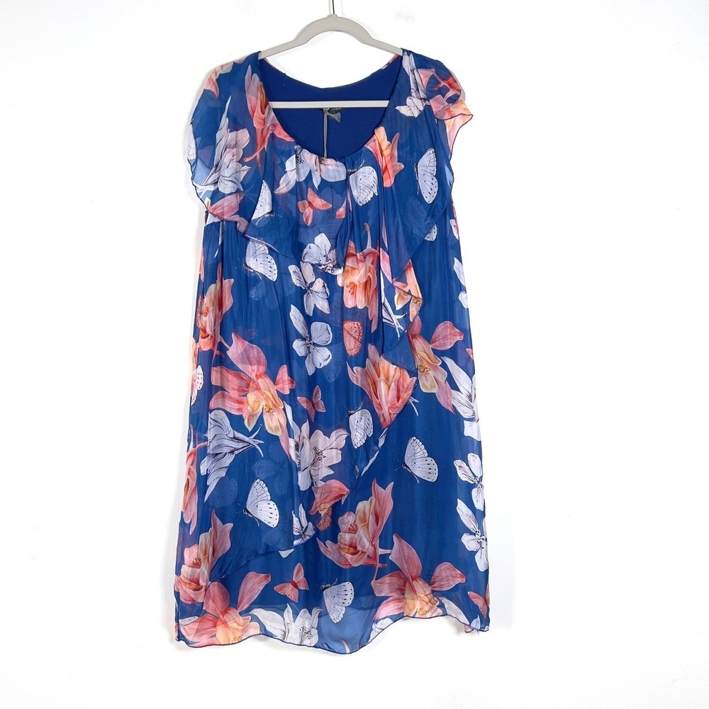 Made in Italy Silk Blend Sleeveless Dress Womens Sz L Blue Floral Ruffle